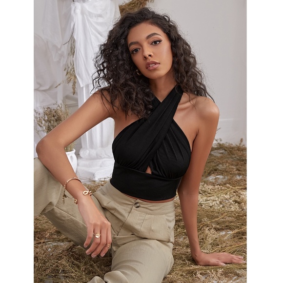 Rouge! Tops - Criss Cross Black Rib Knit Crop Halter Top